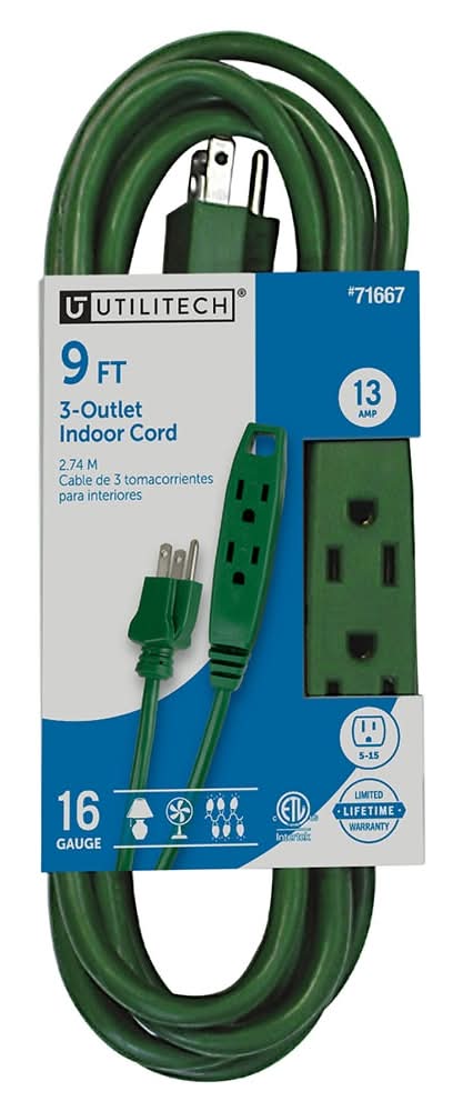Utilitech 9-ft 16 / 3 Light Duty 3 Prong Green Indoor Extension Power Cord