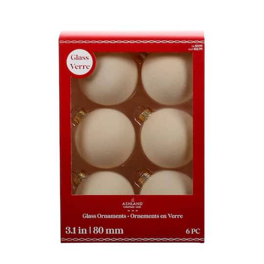 Ashland Flocked Glass Ball Ornaments, 3 inch, Cream (6 ct)