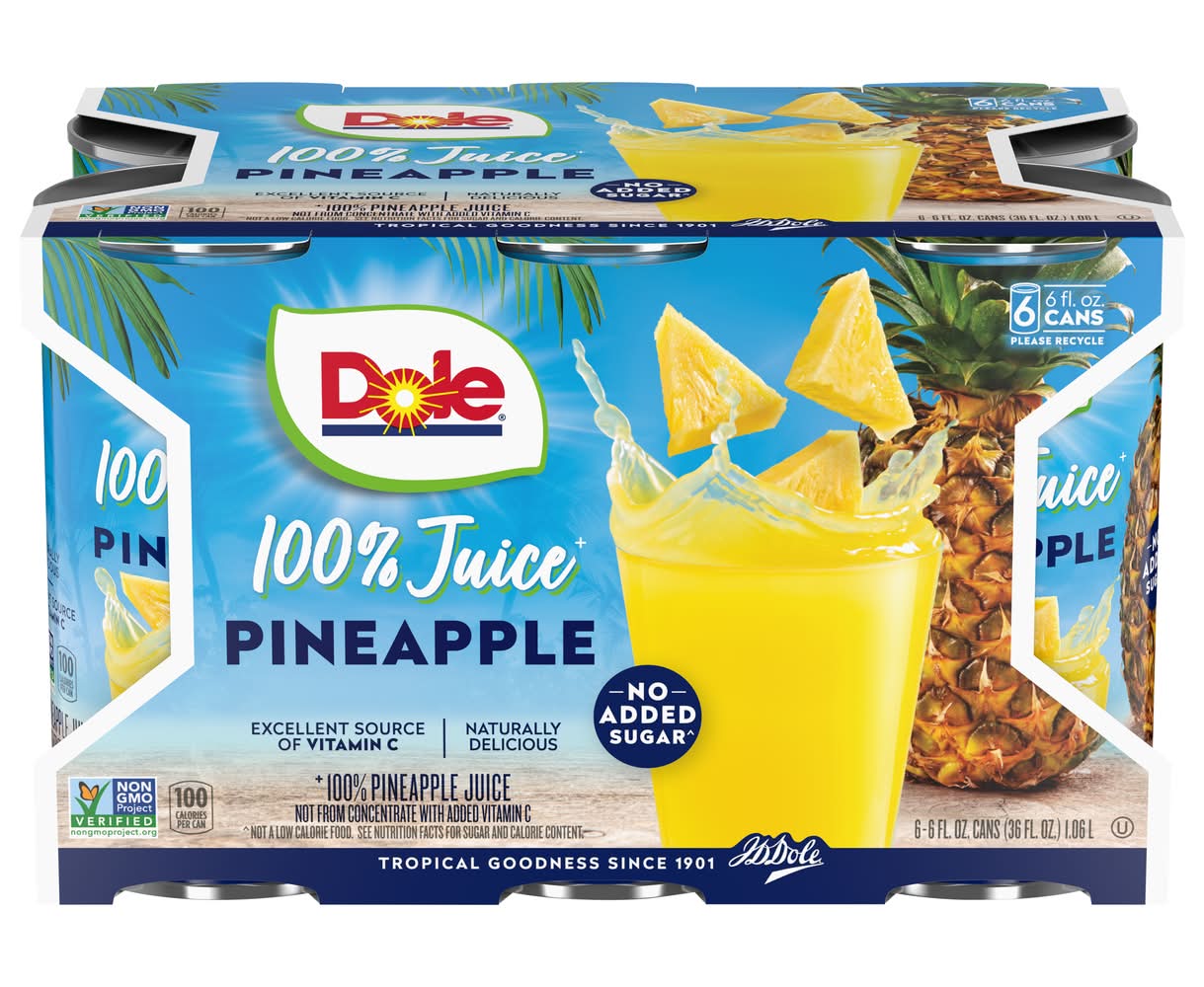 Dole No Sugar Added 100% Juice Drink, Pineapple (6 x 6 fl oz)