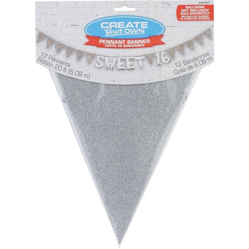 Party City Create Your Own Glitter Silver Pennant Banner, Silver (12 ct)