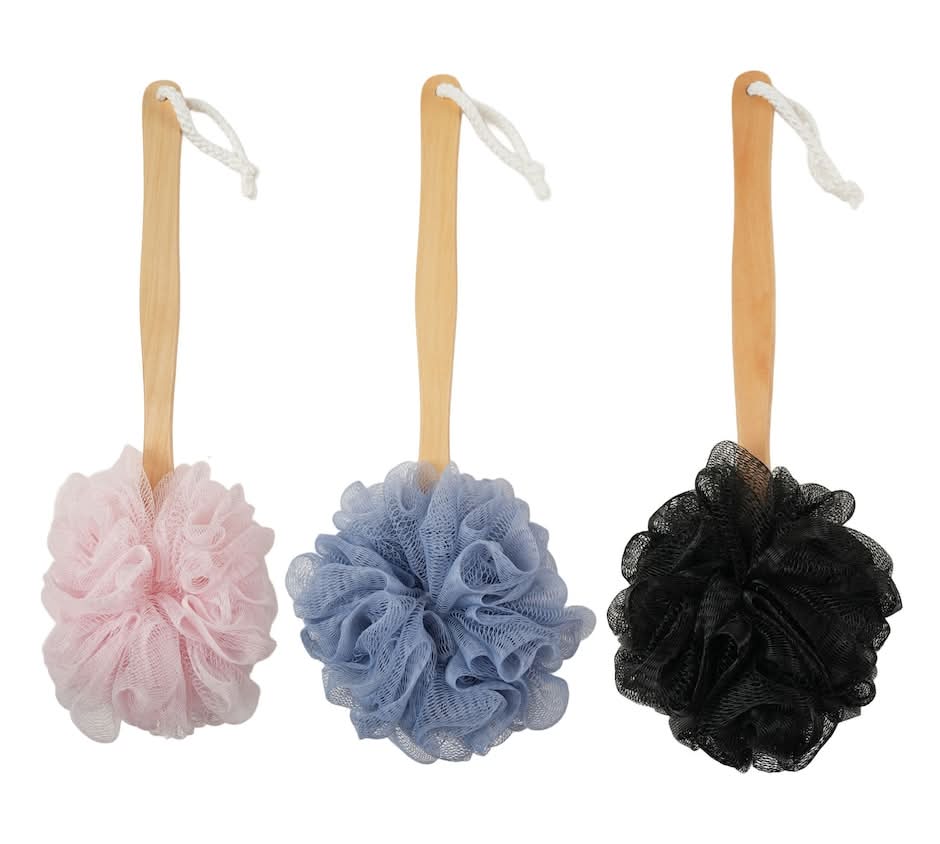 April Bath and Shower Bath Puff With Wooden Handle, Pink-Green-Grey (3 pack)