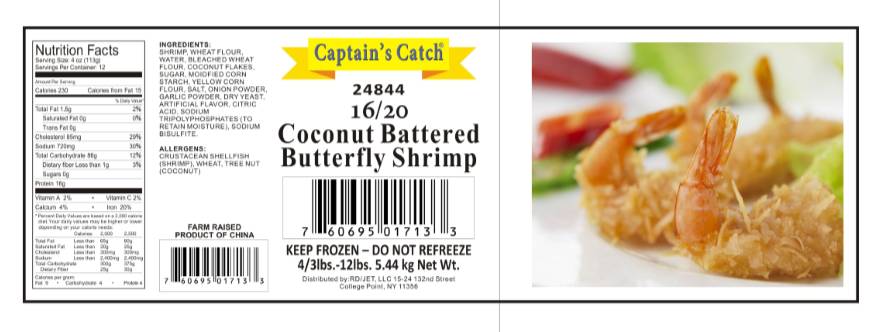 Frozen Captain's Catch - Coconut Battered Butterfly Shrimp,16-20 ct - 3 lbs (4 Units per Case)