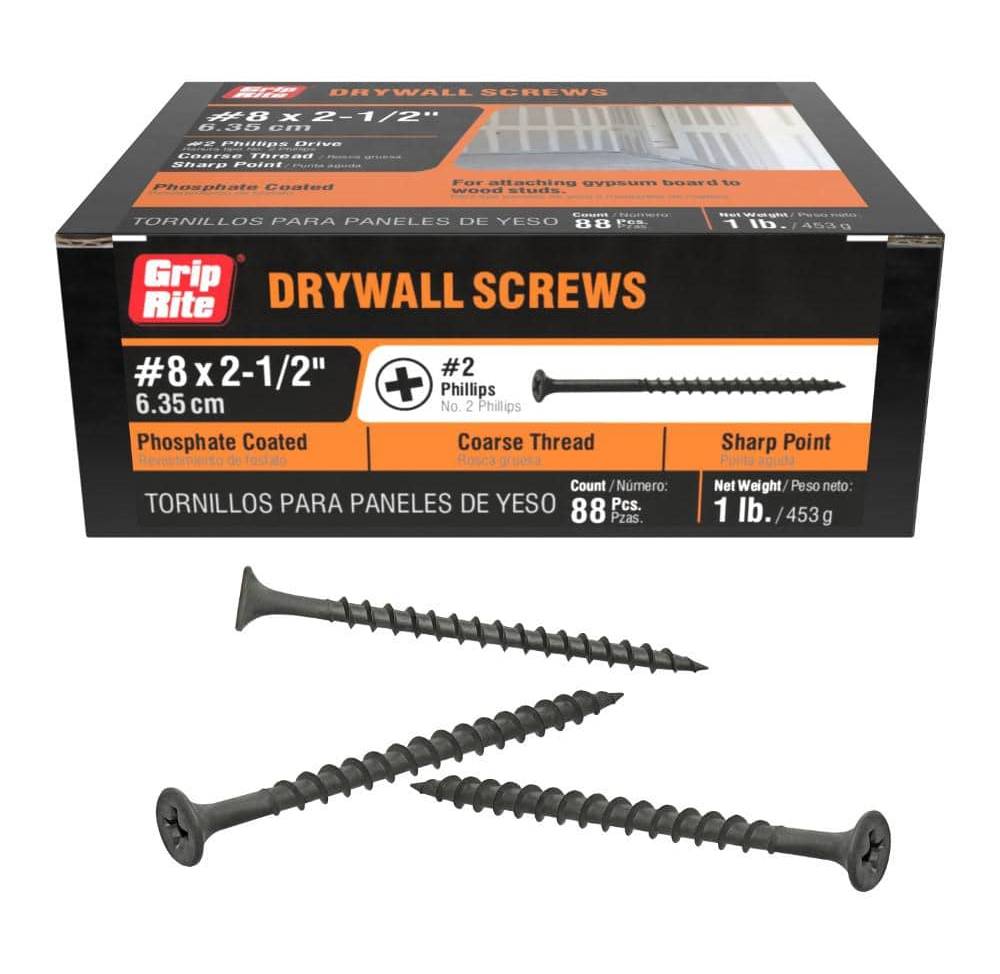 Grip-Rite Phillips Bugle Head Coarse Thread Drywall Screws Box, 8 X 2-1/2 Inch (88 ct)