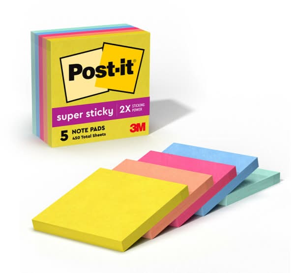 Post-it® Super Sticky Notes, 3 in x 3 in, 5 Pads, 90 Sheets/Pad, 2x the Sticking Power, Summer Joy Collection