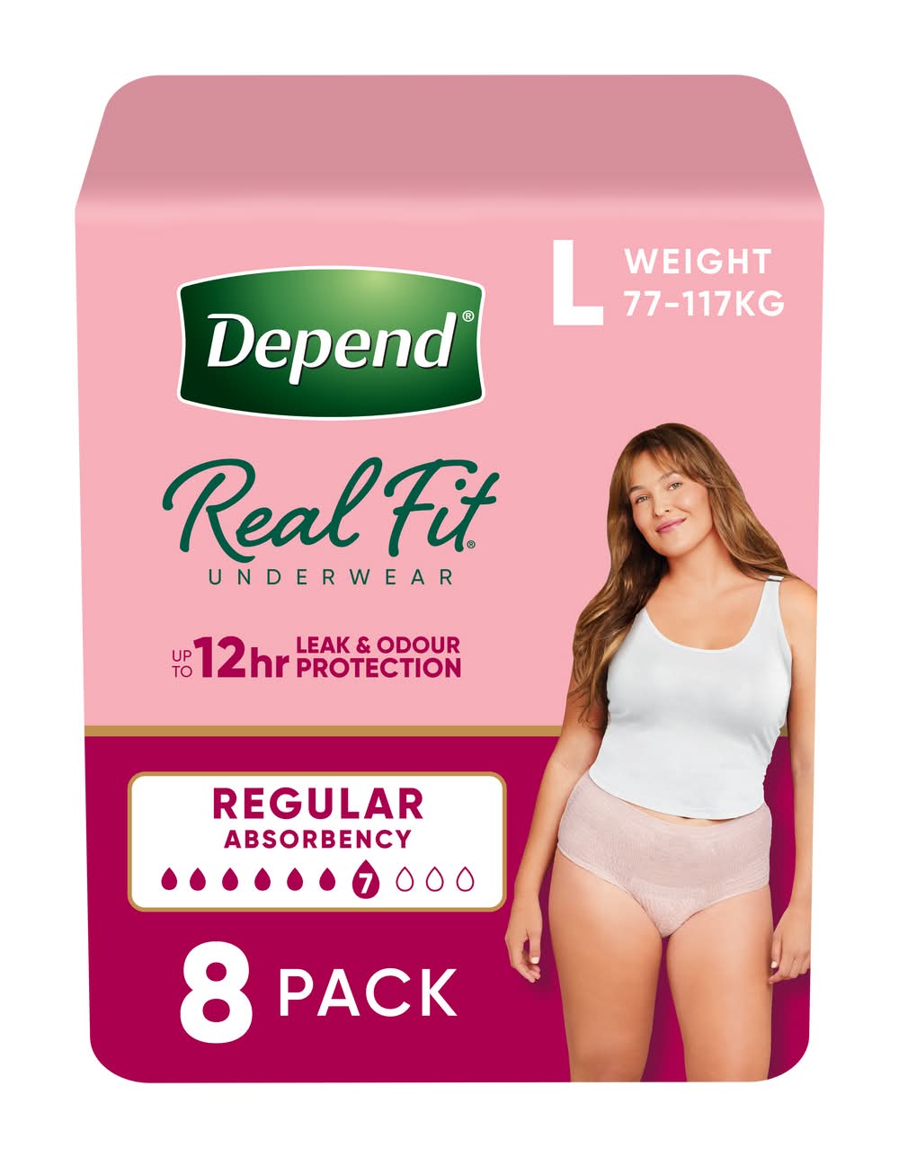 Depend Real Fit 12hr Leak & Odour Protection Underwear, Women, L (8 pack)