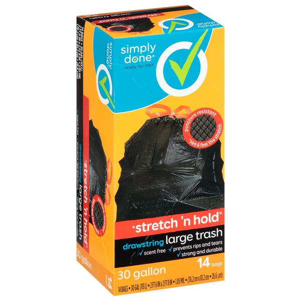 Simply Done Trash Bags Stretch N Hold Drawstring 30 Gallon (6 in* 8 in, large )