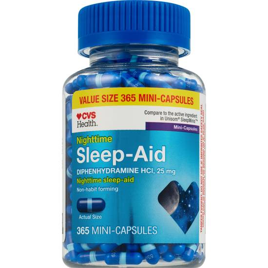 CVS Health Nighttime Sleep Aid Diphenhydramine HCI 25 MG Mini-Capsules, 365 CT