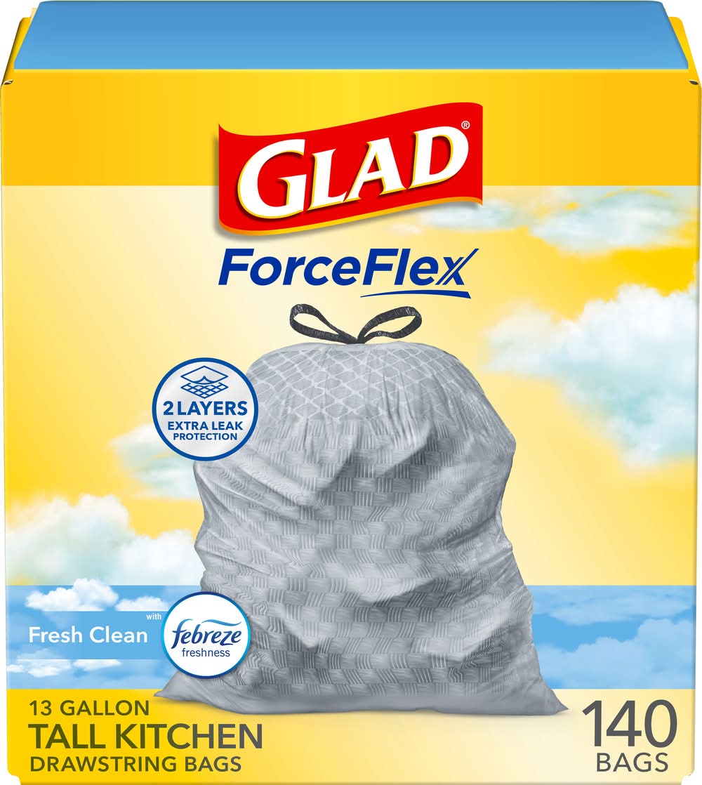 Glad ForceFlex 13-Gallon Febreze Fresh Clean White Indoor Plastic Kitchen Drawstring Trash Bag 140 -Count