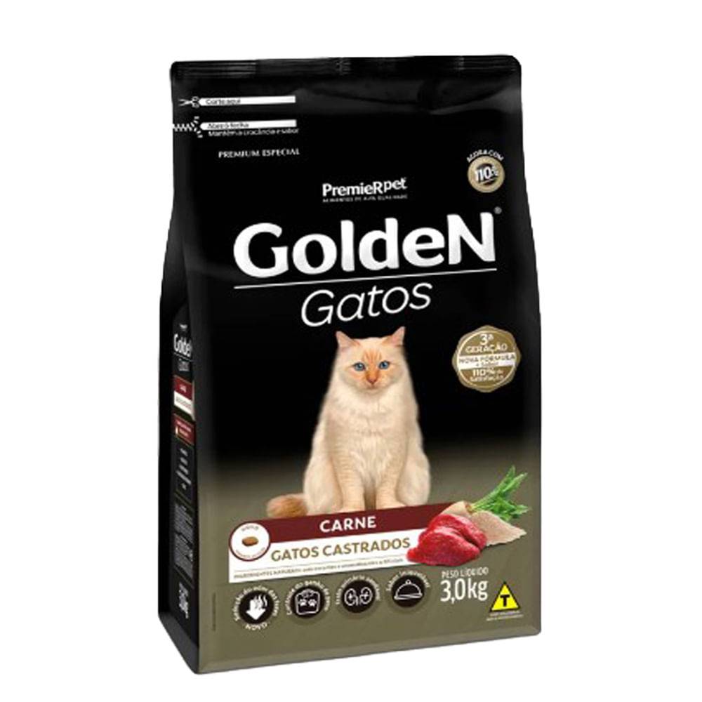 Premierpet ração para gatos adultos castrados golden sabor carne (3kg)