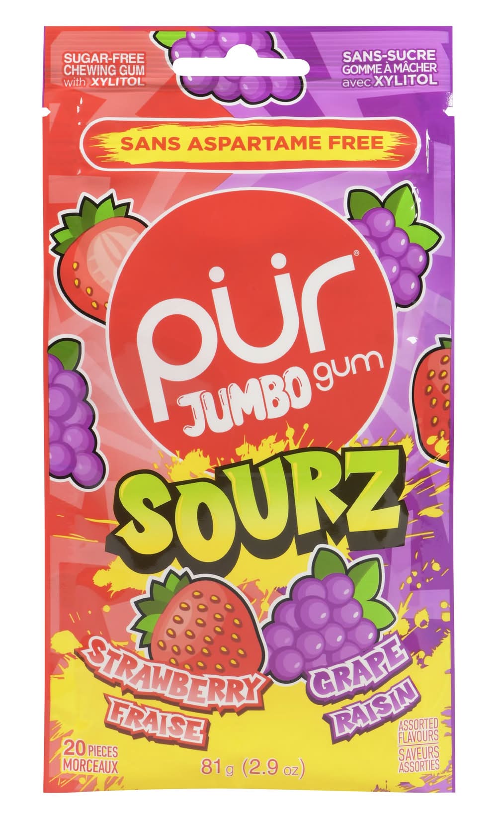 The PUR Company Jumbo Sourz Gum, Strawberry-Grape (81 g, 20 ct)