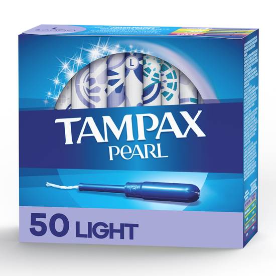 Tampax Pearl Tampons, Light Absorbency with LeakGuard Braid, Unscented, 50 Count