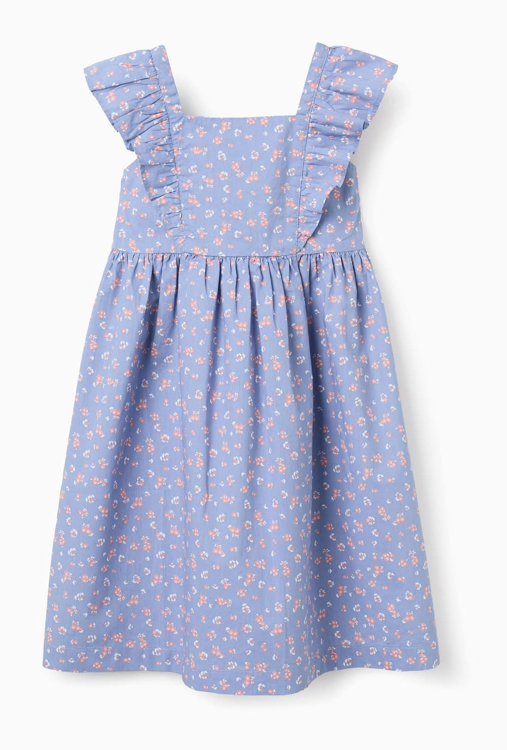 Vestido De Popeline Com Motivo Floral E Folhos Para Menina, Azul (Azul Claro - 4/5)