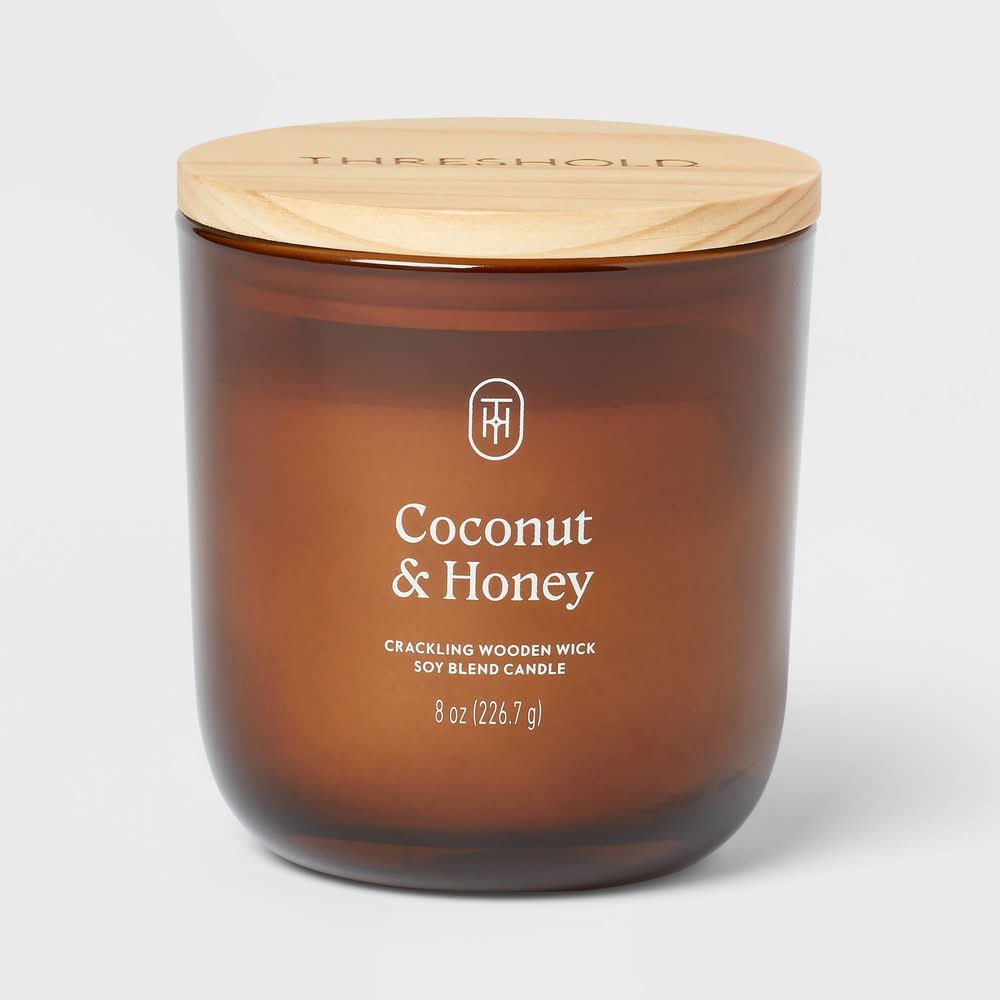Threshold Glass Wooden Wick Jar Candle 8 oz, Honey Coconut, Amber