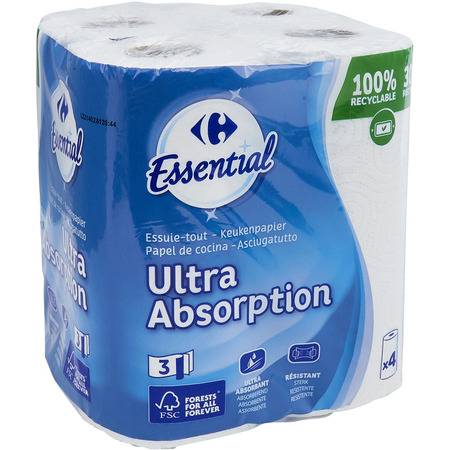 Essuie-tout Ultra Absorption Carrefour Essential - les 4 rouleaux
