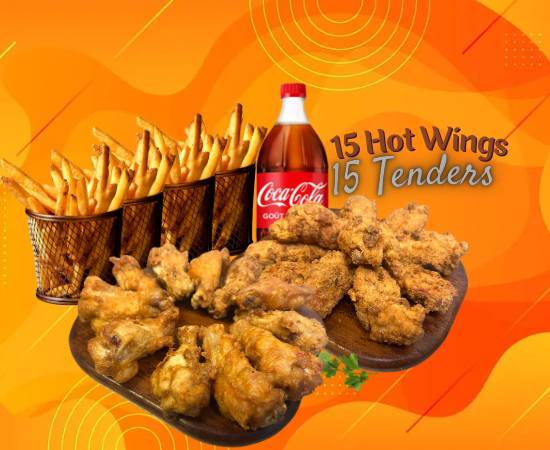 MENU FAMILLY 15 TENDERS® + 15 HOT WINGS®🍗🍟🥤👨‍👩‍👧‍👧