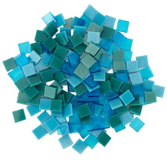 Oceanside Compatible Small Mosaic Stained Glass Squares, 0.5" x 0.5", Blue (8 oz)