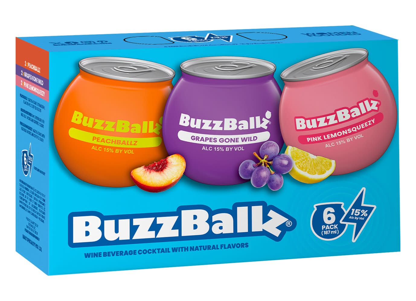 BuzzBallz Fruity Faves Cocktails, Peachballz-Grapes Gone Wild-Pink Lemonsqueezy (6 x 187 ml)