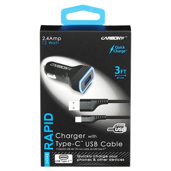 Carbon Xt 2.4Amp Single Usb Charger With Type-C Usb Cable, 2 ct