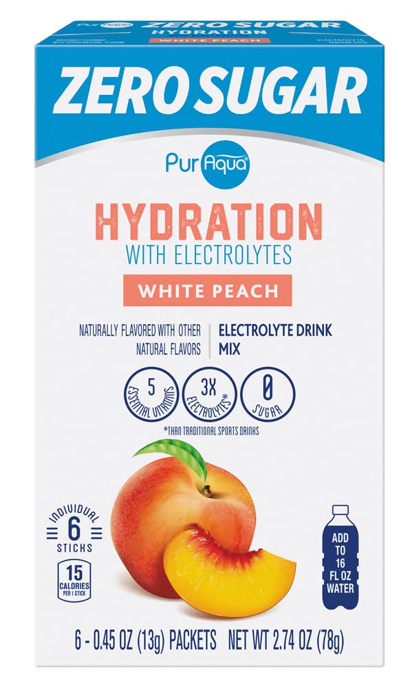 PurAqua Sugar Free Hydration Drink Mix Sticks, White Peach (2.74 oz, 6 ct)