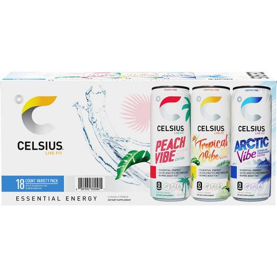 Celsius Sparkling Water Vibe Variety pack (18 ct, 12 fl oz)