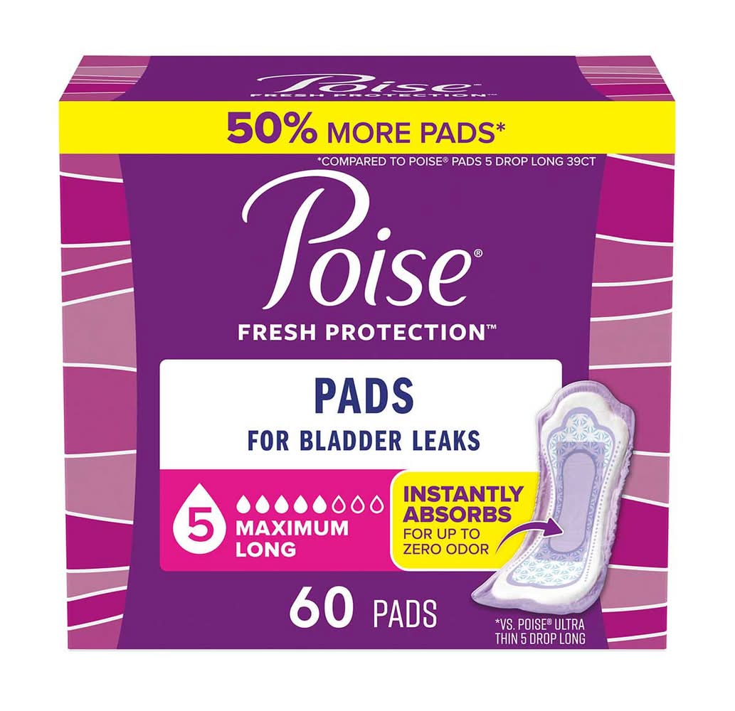 Poise Incontinence Pads & Postpartum Incontinence Pads 5 Drop Maximum Absorbency Long Length 60 Ct