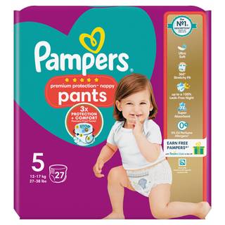 Pampers Premium Protection Nappy Pants Size 5, 27 Nappies, 12kg-17kg, Essential Pack