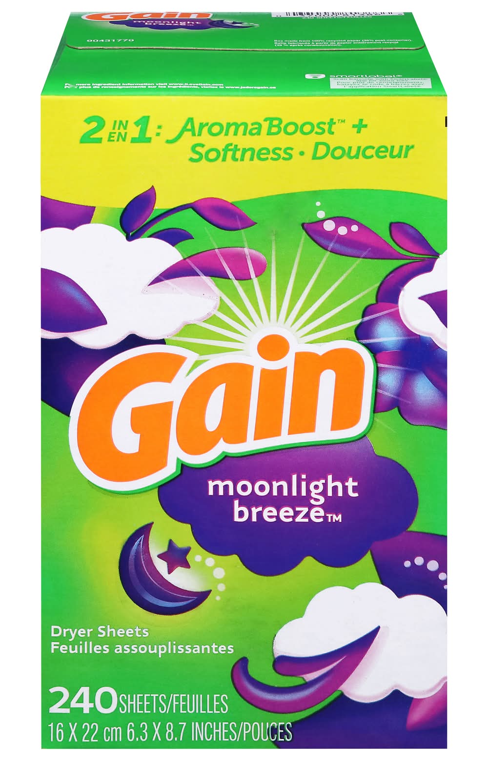 Gain 2 In 1 Dryer Sheets, Moonlight Breeze, 6.3 x 8.7 in (240 ct)