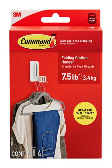 Command Folding Clothes Hanger, 7.5 lb, 1 Clothes Hanger Hook, 3 Large Strips