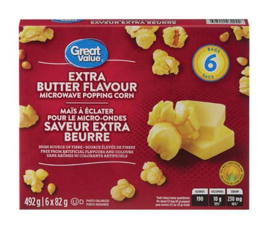 Great Value Extra Butter Flavour Microwave Popping Corn (6 ct, 82 g)
