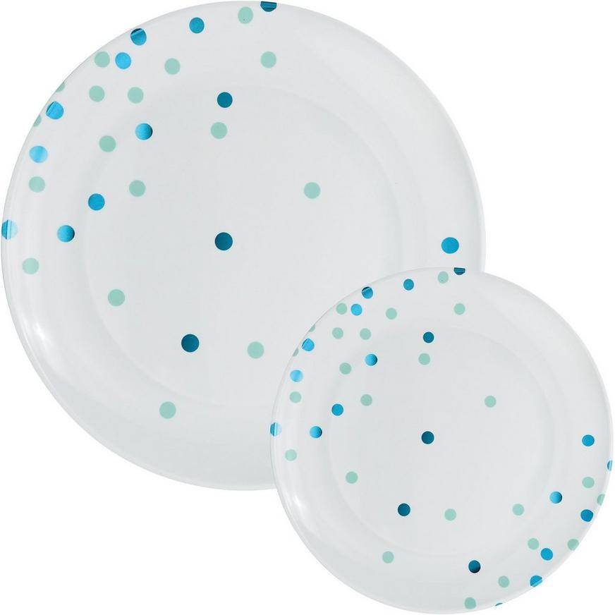 Light Blue Confetti Round Premium Plastic Dinner (10.5in) Dessert (7.5in) Plates, 20ct