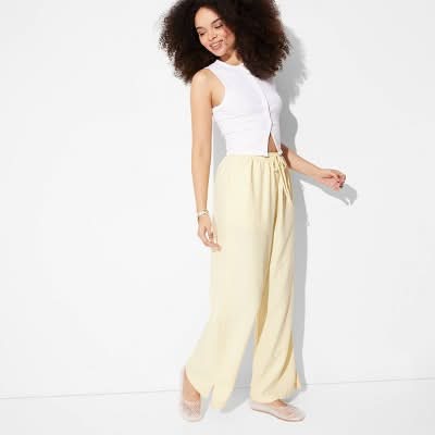 Women's Pull-On Linen Pants - Wild Fable™ Yellow L: Relaxed Fit, Drawstring Waist, Lightweight Fabric