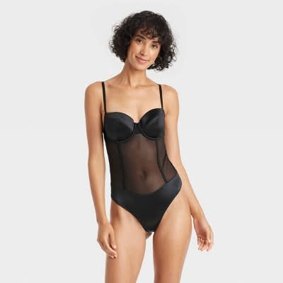 Auden Women's Satin and Mesh Lightly Lined Lingerie Bodysuit, M, Black