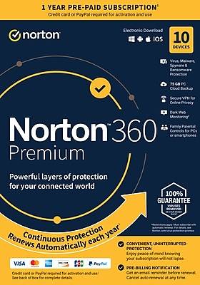 Norton 360 Premium for 10 Devices, Windows/Mac/Android/iOS, Product Key Card (21389618)