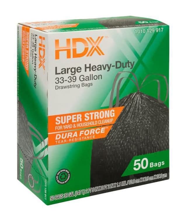Hdx 33-39-Gal. Black Heavy Duty Drawstring Trash Bags With 20% Pcr (50-Count)