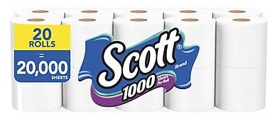 Scott Toilet Paper, 1-ply, White, 1000 Sheets/Roll, 20 Rolls/Case (49668)