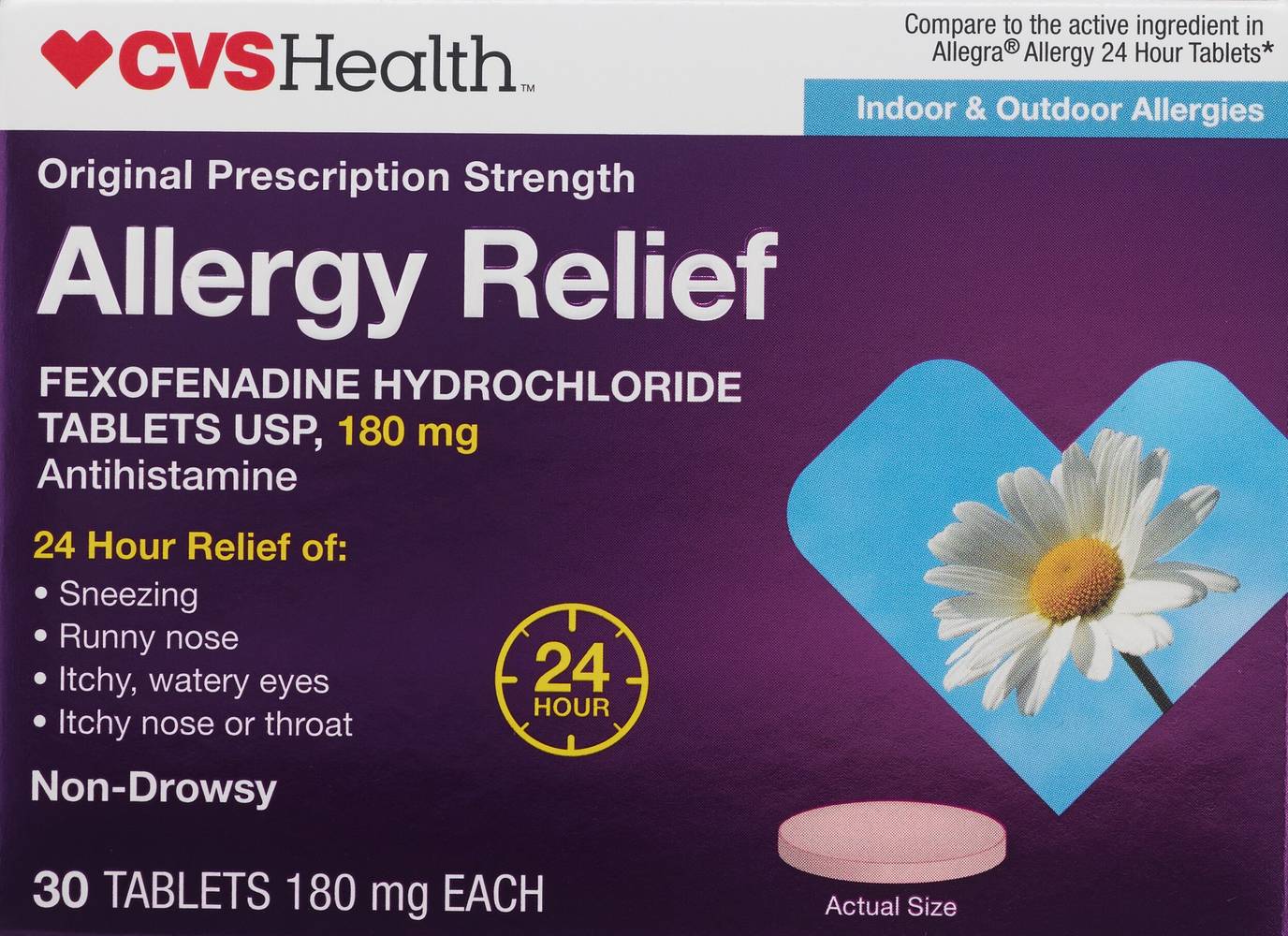 CVS Health 24HR Non Drowsy Allergy Relief Fexofenadine HCl Tablets, 30 CT