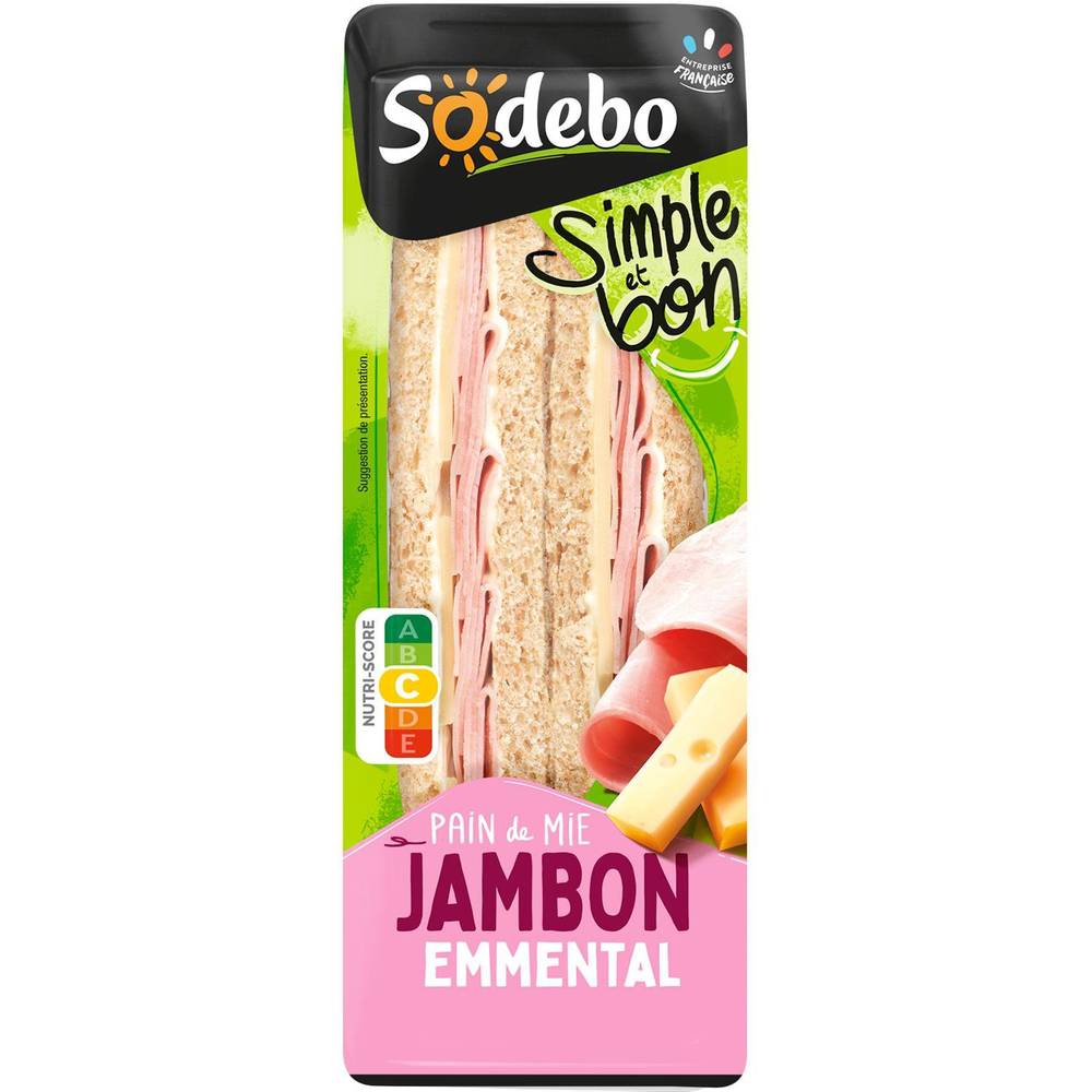 Sandwichs club pain complet jambon emmental SODEBO - 2 clubs triangles - 145 g