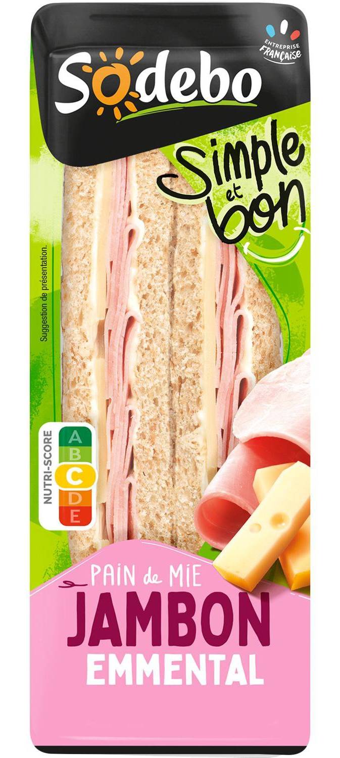 Sandwichs club pain complet jambon emmental SODEBO - 2 clubs triangles - 145 g