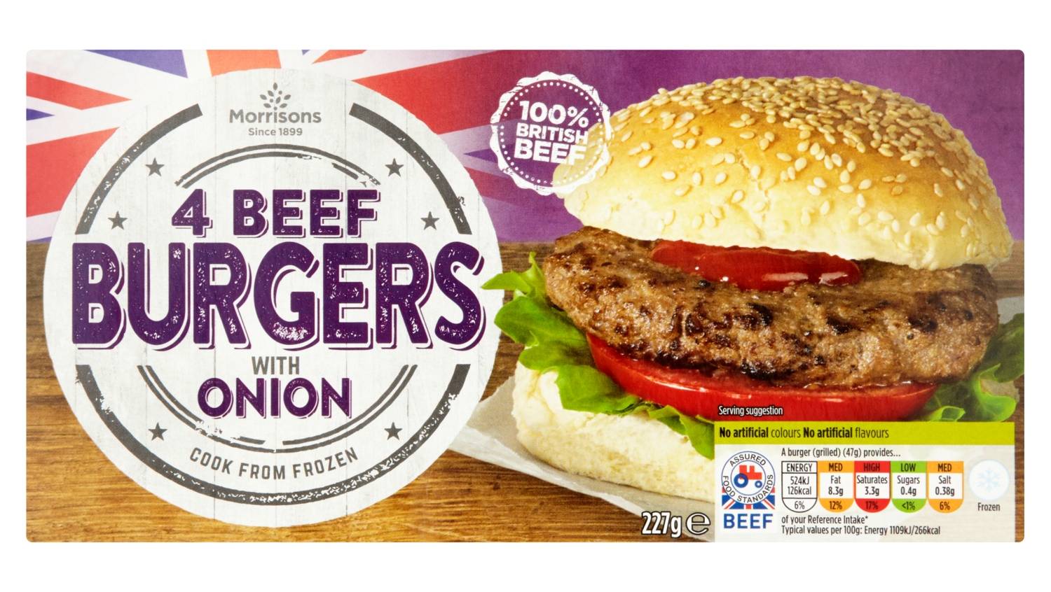 Morrisons Burgers With Onions 4 Pack 227G (Frozen)