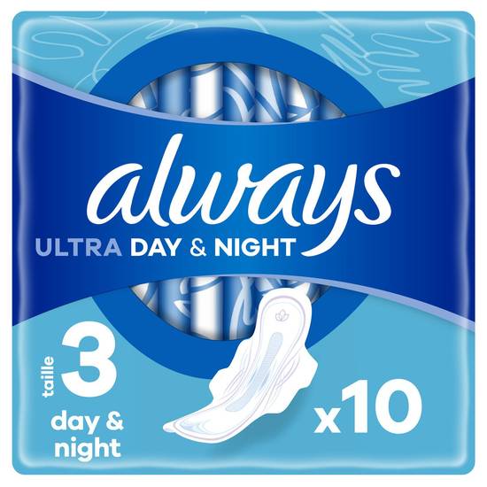 Always - Serviettes hygiéniques ultra jour nuit t3 avec ailettes (10 pièces)
