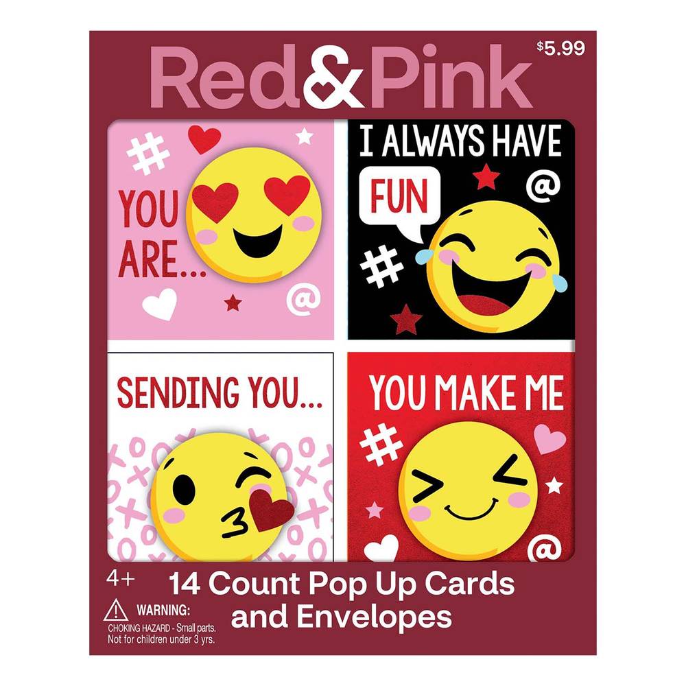 Red & Pink All Smiles Valentine's Day Children's Pop-Up Exchange Cards & Envelopes, 14ct