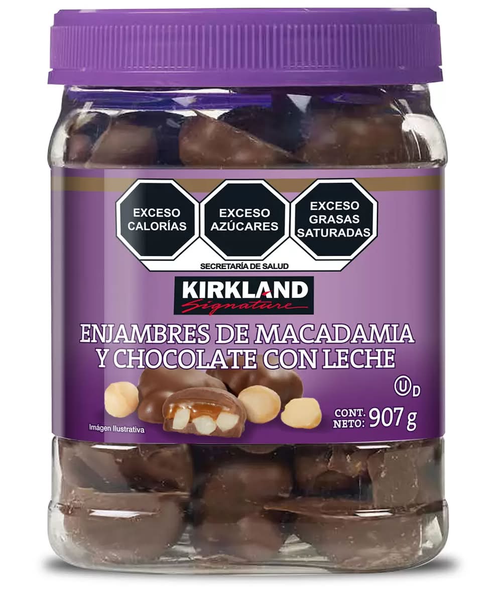 Kirkland Signature · Enjambres de macadamia cubiertos con chocolate con leche (907 g)