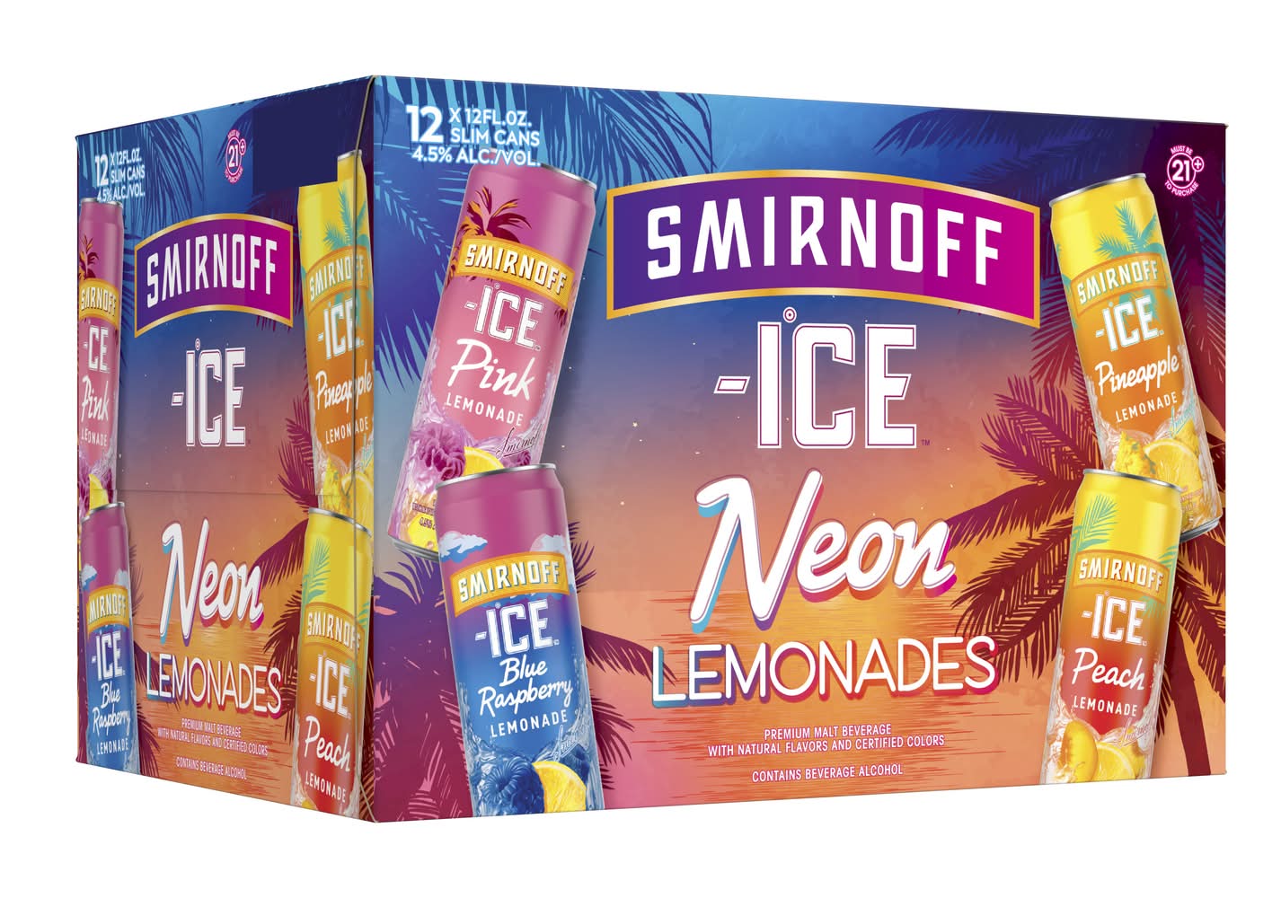 Smirnoff Ice Neon Lemonades Variety pack, Pineapple-Peach-Pink-Blue Raspberry (12 x 12 fl oz)
