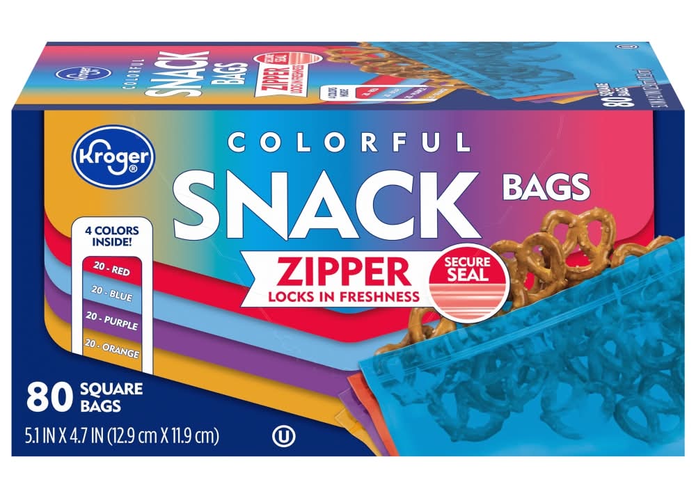 Kroger Colored Square Zipper Snack Bags, 5.1x4.7 in, Red-Blue-Purple-Orange (80 ct)