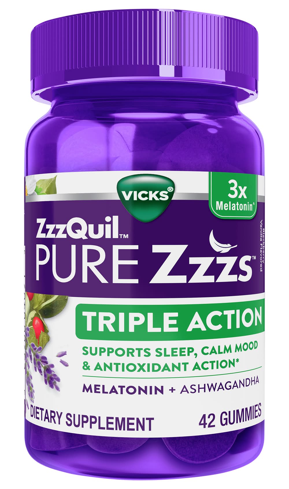 Vicks Zzzquil Pure Zzzs Triple Action Melatonin Dietary Gummies, Blackberry Vanilla (42 ct)