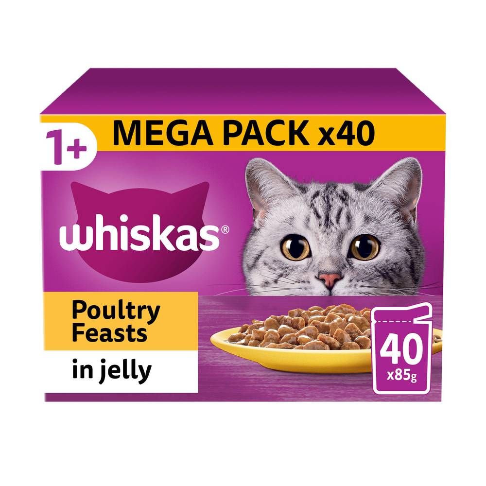 Whiskas 1+ Poultry Feasts Adult Wet Cat Food Pouches in Jelly 40x85g