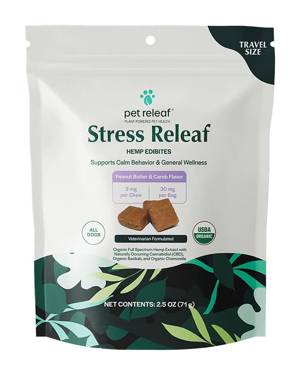 Pet Releaf Travel Size Stress Releaf Organic Hemp Edibites Peanut Butter & Carob Flavor for All Dogs (2.5 oz)