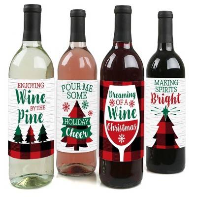 Big Dot of Happiness Holiday Plaid Trees - Buffalo Plaid Christmas Party Decorations for Women and Men - Wine Bottle Label Stickers - Set of 4