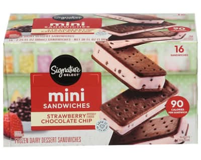 Signature Select Dairy Dessert Mini Ice Cream Sandwiches, Strawberry-Chocolate Chip (16 x 2.25 fl oz)