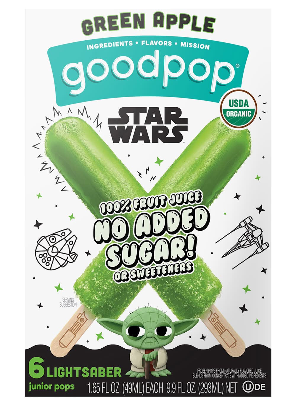 GoodPop Disney Lightsaber Star Wars Ice Pops, Green Apple (6 x 1.65 fl oz)